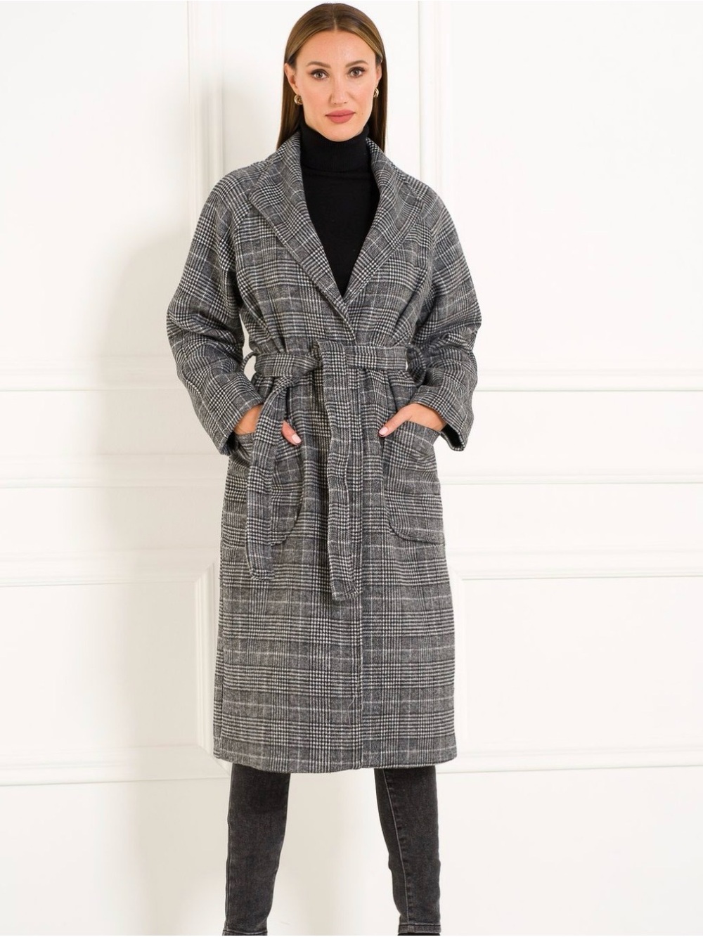 a new day Gray Plaid Belted Coat